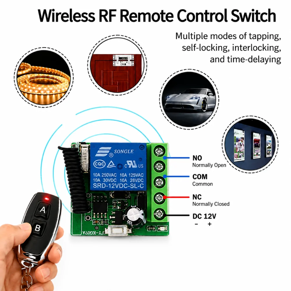 FUNNYSHIELD 433MHz Wireless Remote Control Switch DC 12V Relay Module Receiver and 100m Transmitter for Light Garage Gate Motor