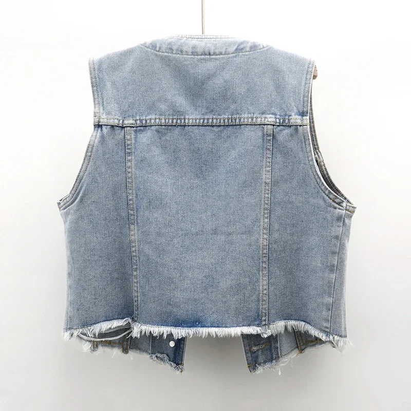 Vintage Hellblau V-ausschnitt Große Tasche Denim Weste Frauen Dünne Kurze Cowboy Weste Sommer Dünne Ärmellose Jeans Jacken Weibliche