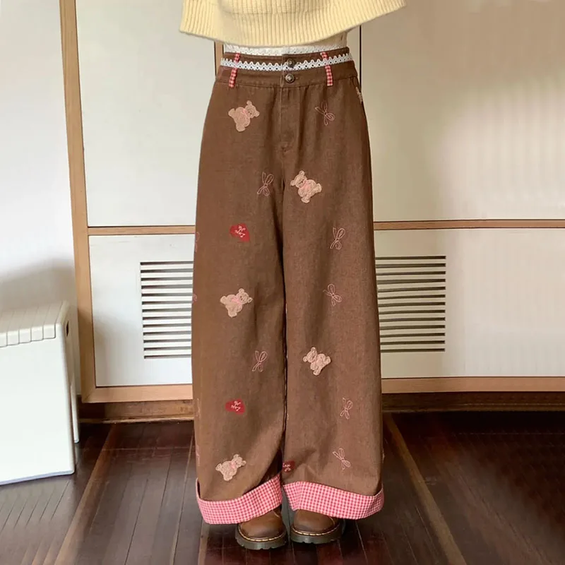 

Jmprs Vintage Bear Embroidered Jeans Women Korean Casual Baggy Straight Trousers Y2K Lace Plaid Patchwork Denim Pants Ladies New