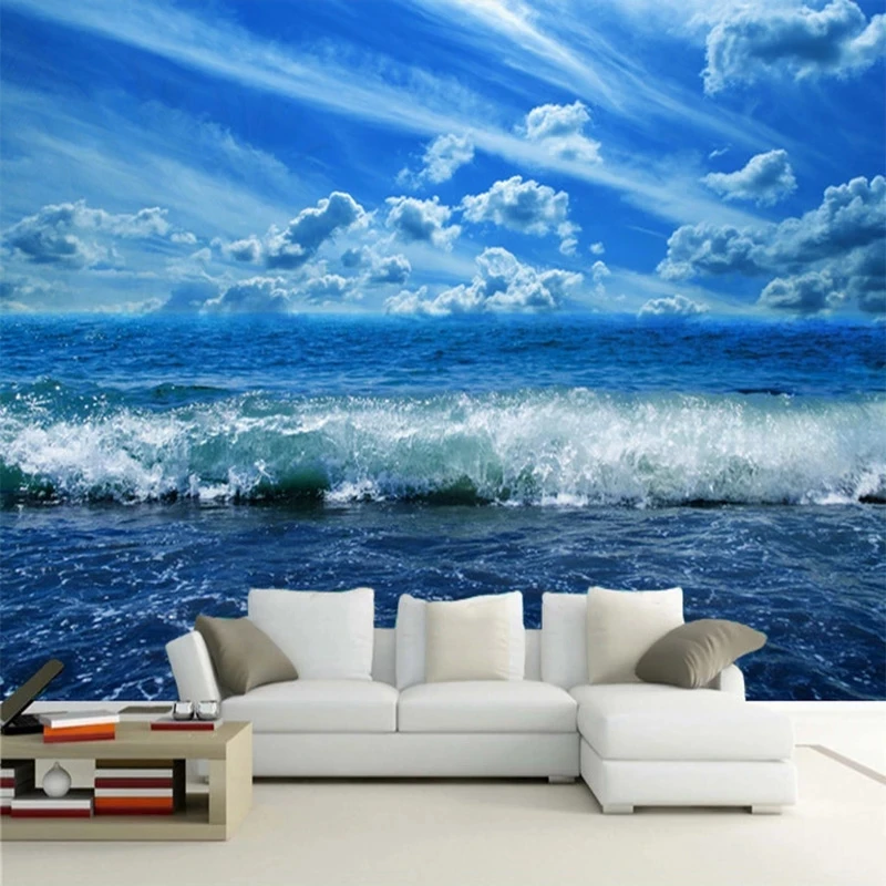 Custom 3D Mural Wallpaper Blue Sky Sea Wave Nature Scenery Photo Bedroom Living room sofa TV background wall restaurant Hotel 8d