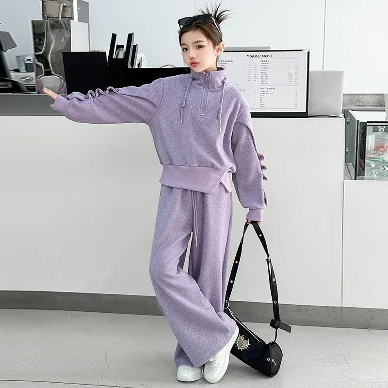 Stand-up Collar Sweatshirt Sports Pants Grils Children Korean Loose Casual Solid Fashionable Comfortable Soft Simple