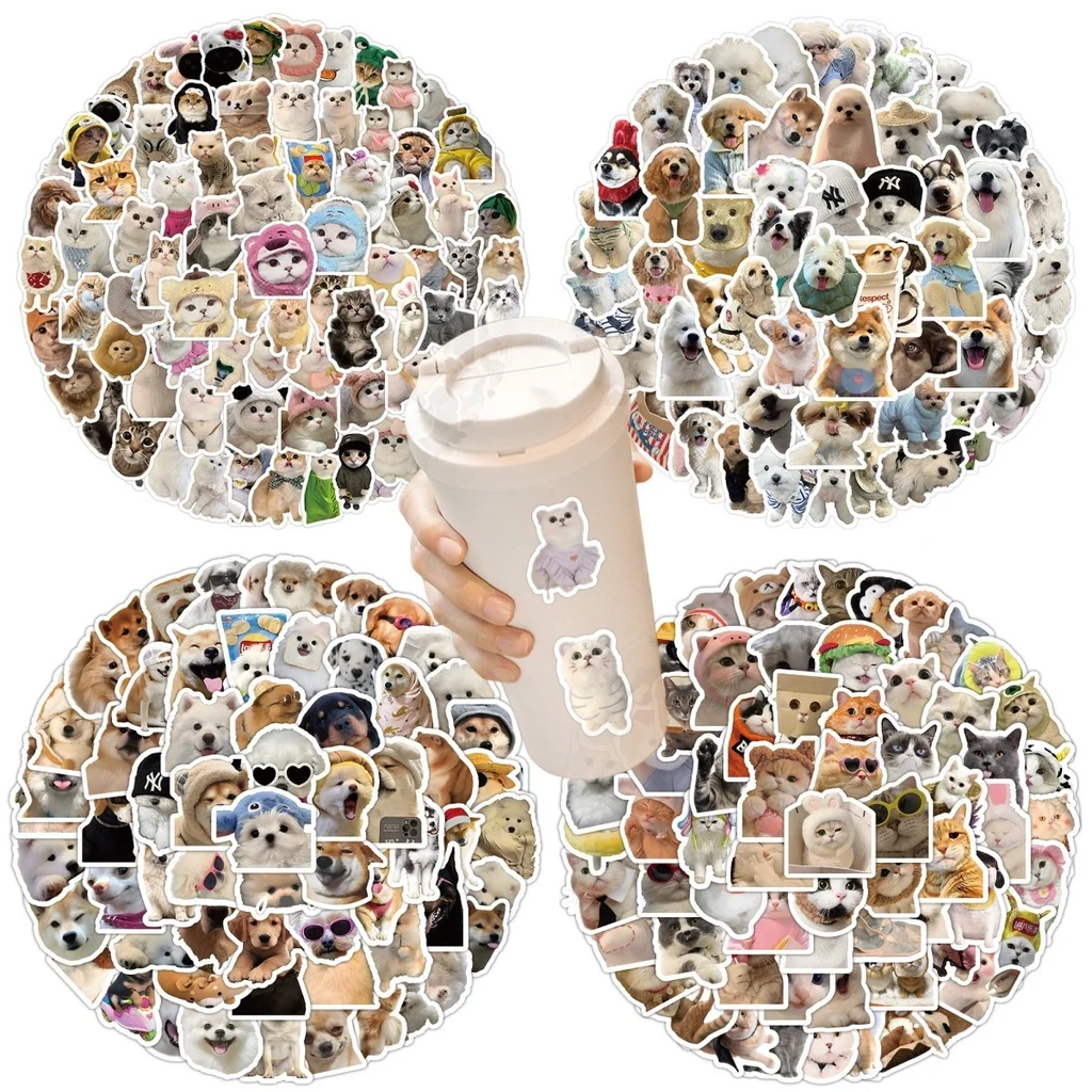 100PCS Cute and Cute Pet Realistic Puppy and Cat MEME Graffiti Stickers for Helmet Bicycle Hand Account Pencil Case Decals
