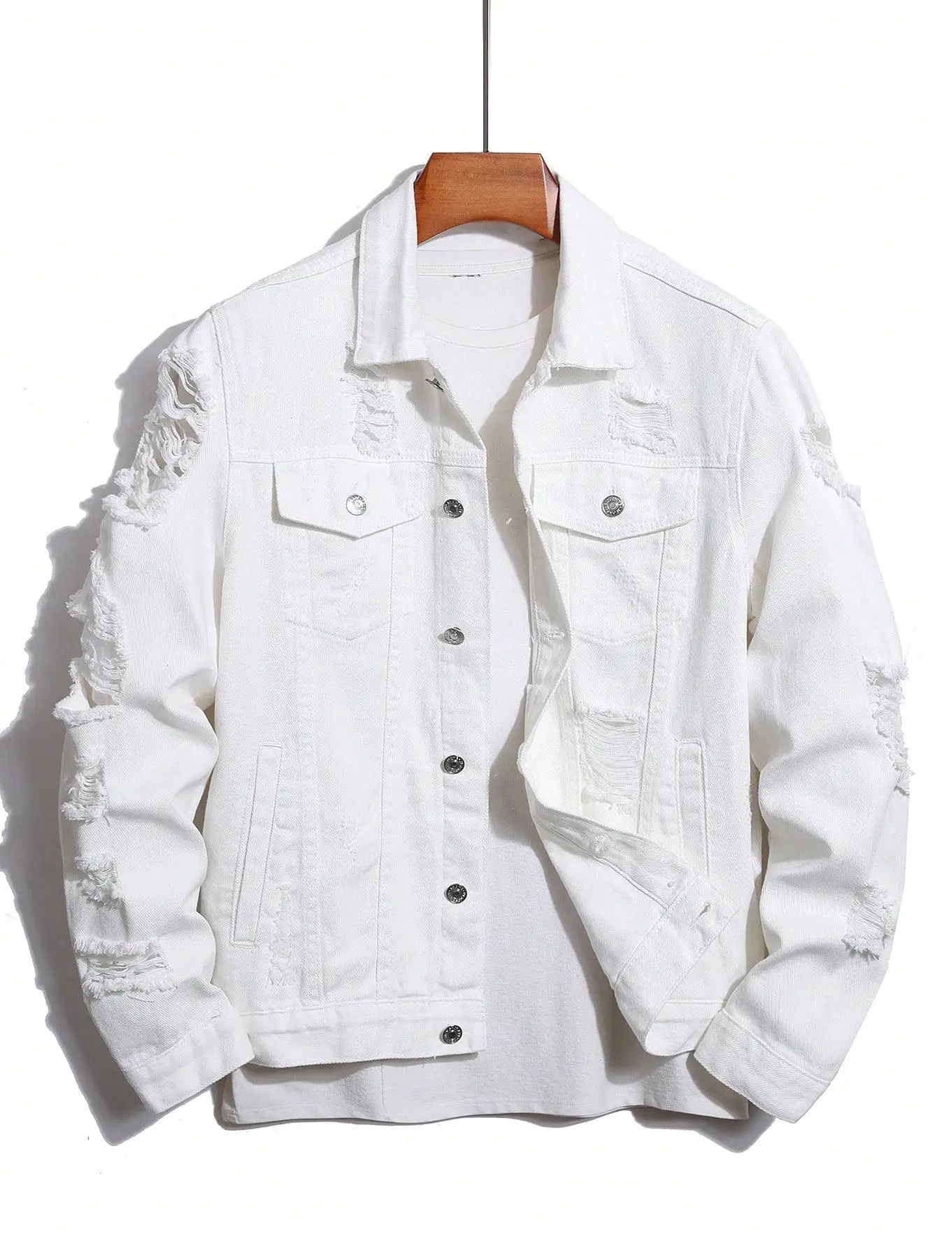 Men's Denim Jacket for Spring and Autumn. White Denim Ripped Jacket. Street Trend Fashion. Daily Casual.