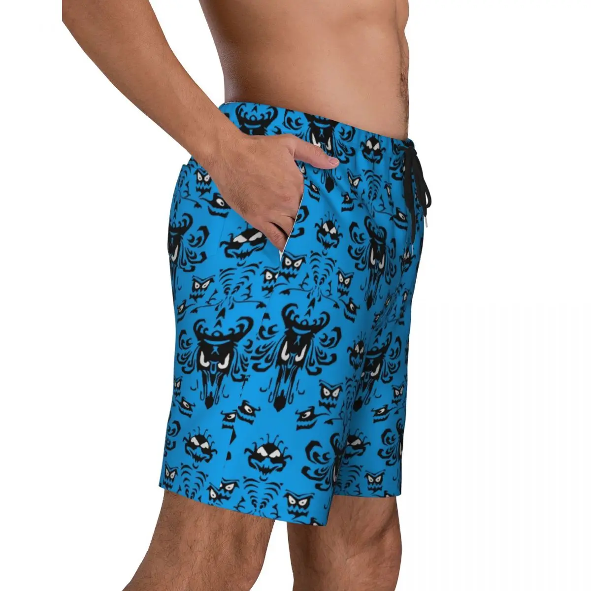 Custom Happy Haunted Swim Trunks Men Quick Dry Board Shorts Halloween Ghost Haunted Mansion Swimwear Suits Boardshorts