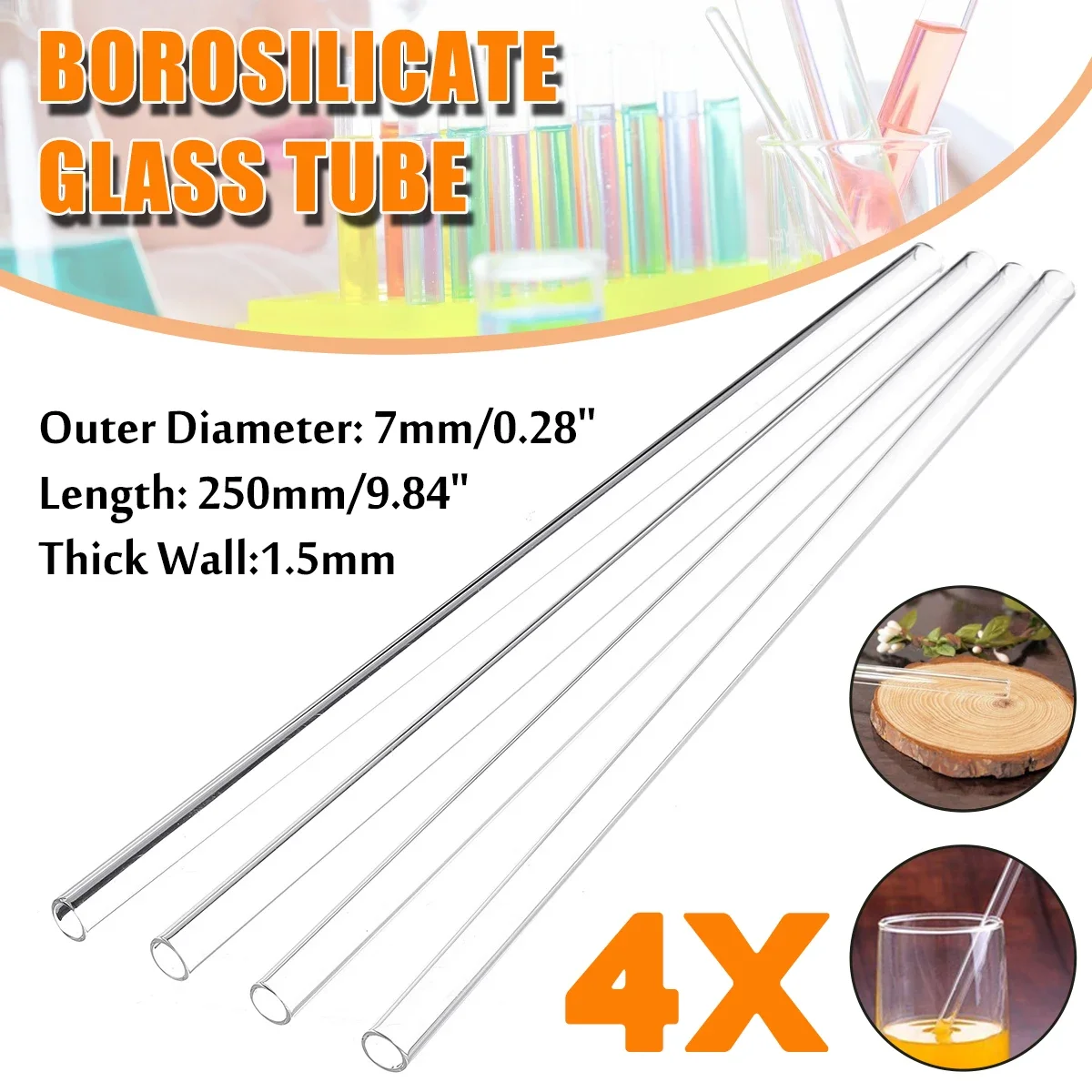 4Pcs 250mm OD 7mm 1.5mm Thick Wall Borosilicate Glass Blowing Tubes Lab