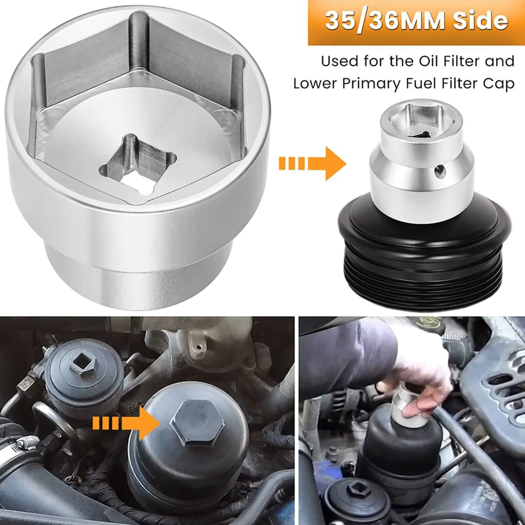 Fuel Filter/Oil Filter Socket 24mm / 36mm Remover and Installer Assistant for Ford 6.0L 6.4L 2003-2010 (Silver)