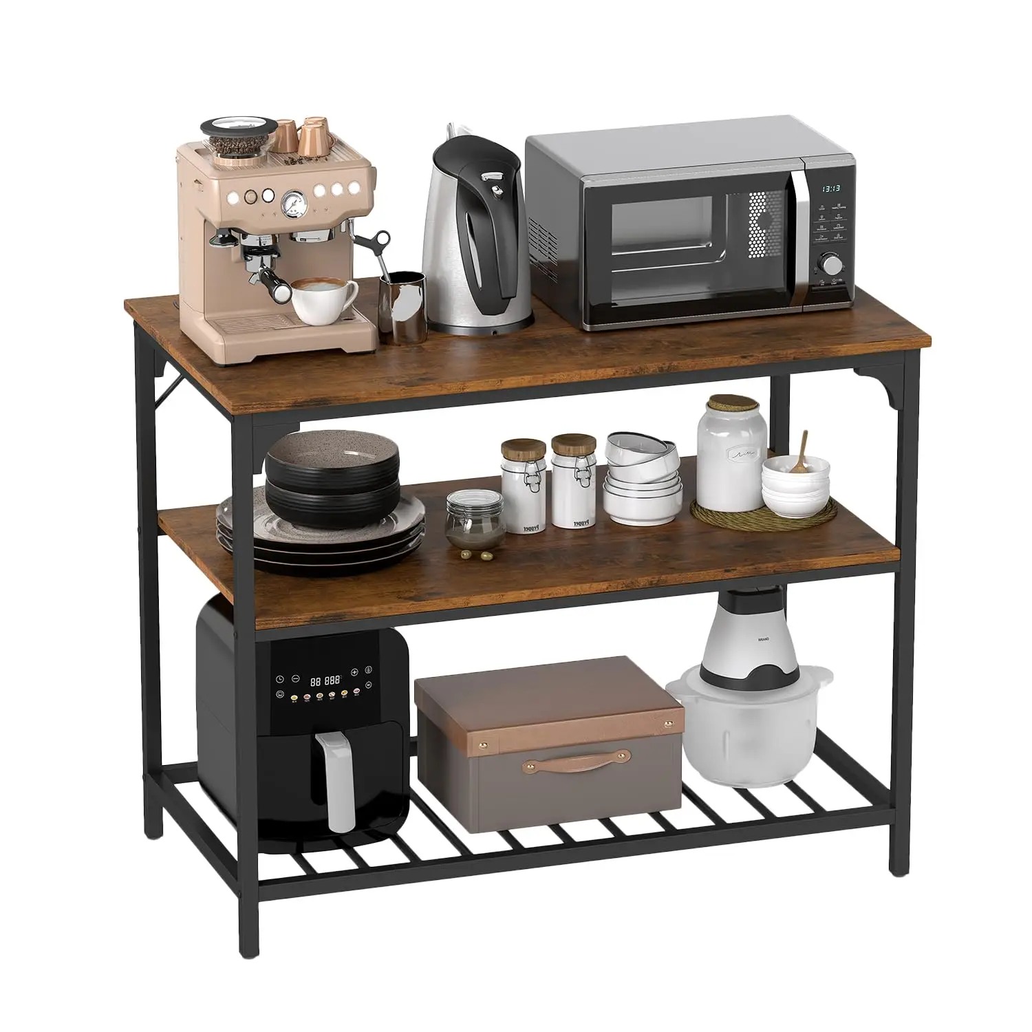 

3 Tiers Kitchen Island 47.2 Inches Width Storage Counter with Large Storage Space Thick Board Top Solid Structure Shelf for Home