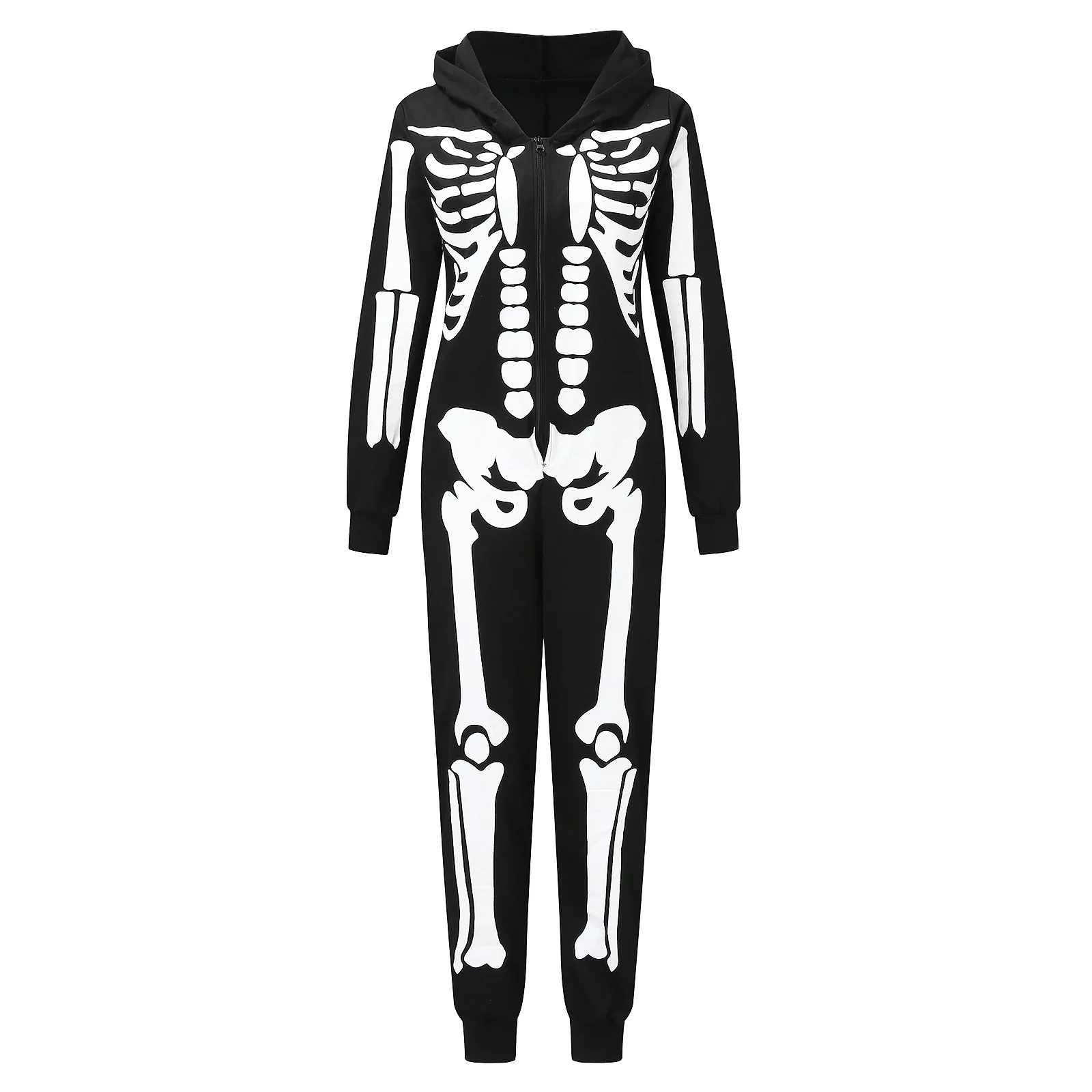 Skelet Onesie Pyjama Voor Vrouwen Pluche Skelet Jumpsuit Ritssluiting Halloween Hoody Pyjama Voor Volwassen Nachtkleding Kostuum Zwart