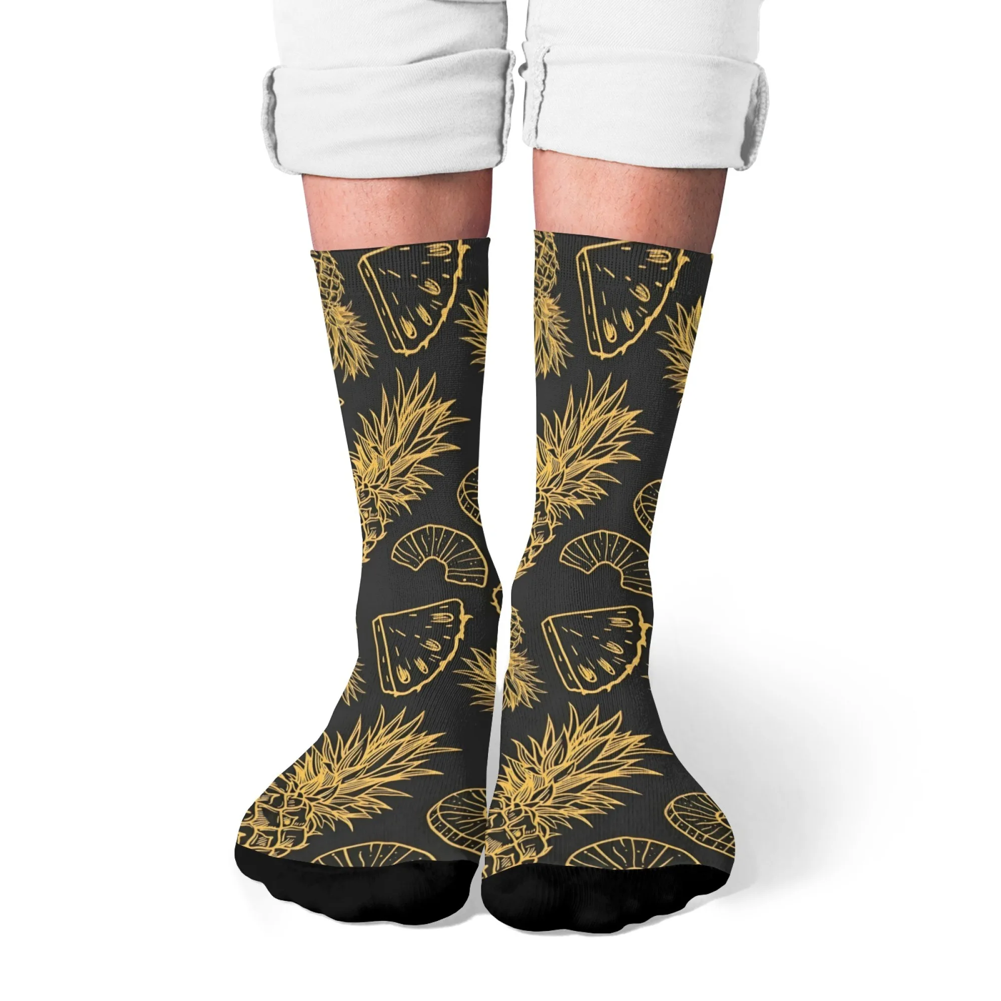 

Мужские носки с золотым принтом ананаса Мягкие удобные повседневные носки для повседневного ношения и уличного стиля Уникальный черный золотой фруктовый принт