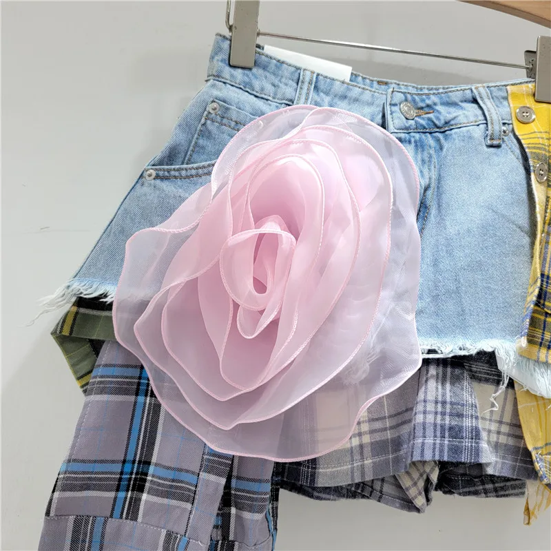 Summer Blue and Yellow Plaid Short Jean Skirt for Women 2024 New 3D Flower Stitching High Waist A- Line Irregular Denim Shorts