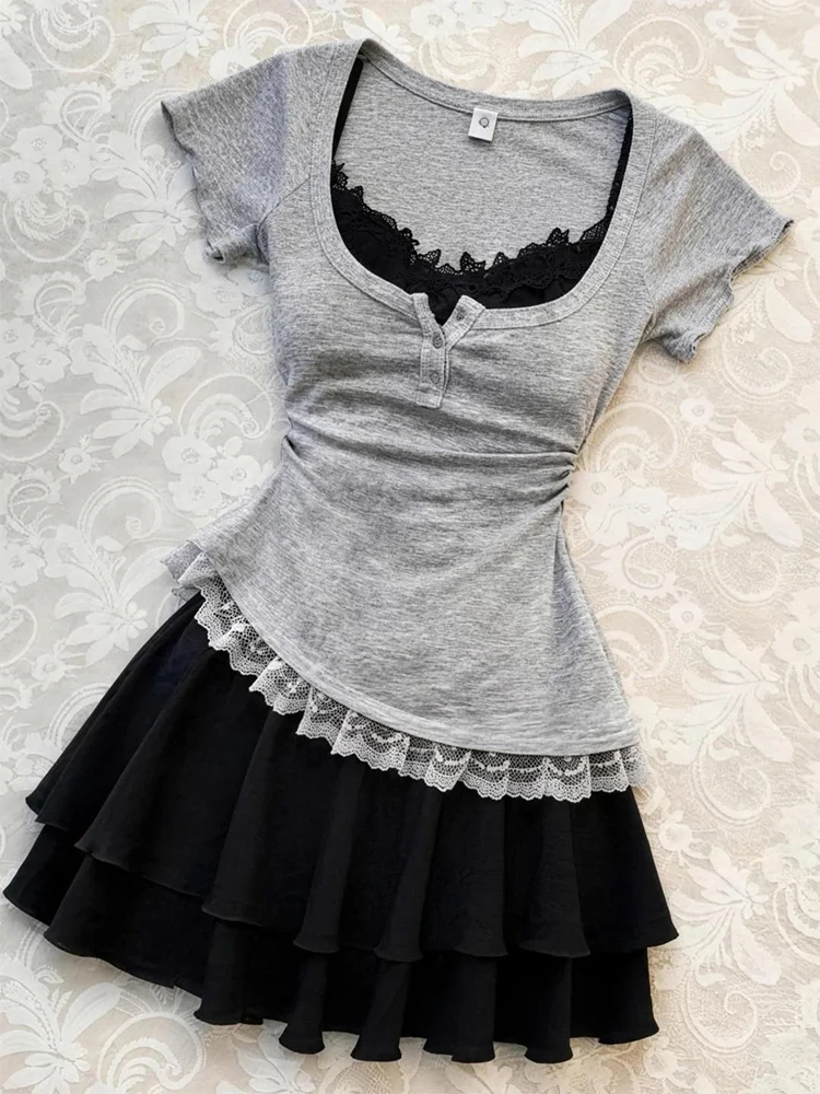 

Summer Pure Desire Hot Girl Waist-Cinching Asymmetrical Short Sleeve T-Shirt Women's Black Strap Short Skirt Two-Piece Set