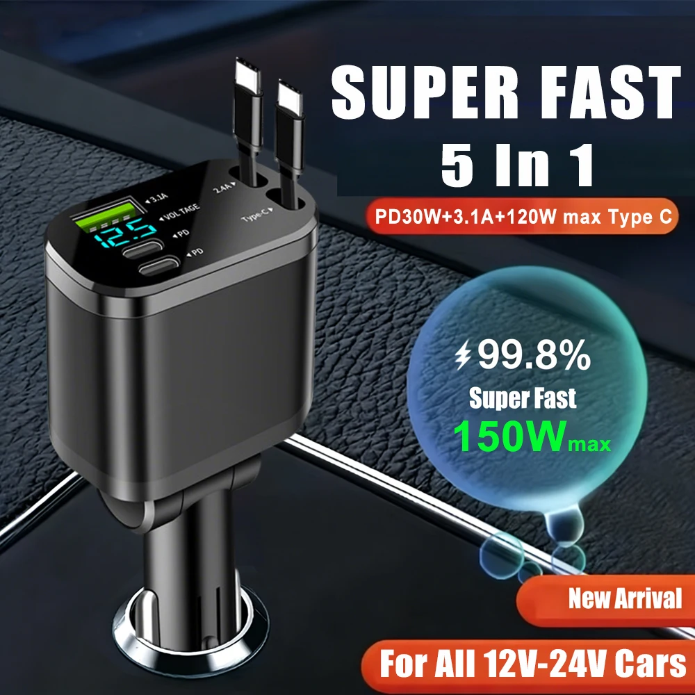 150W 5 IN 1 Car Charger, Retractable 2 Type-C Cigarette Lighter Power Adapter with Voltmeter,PD30W USB Phone Fast Charger