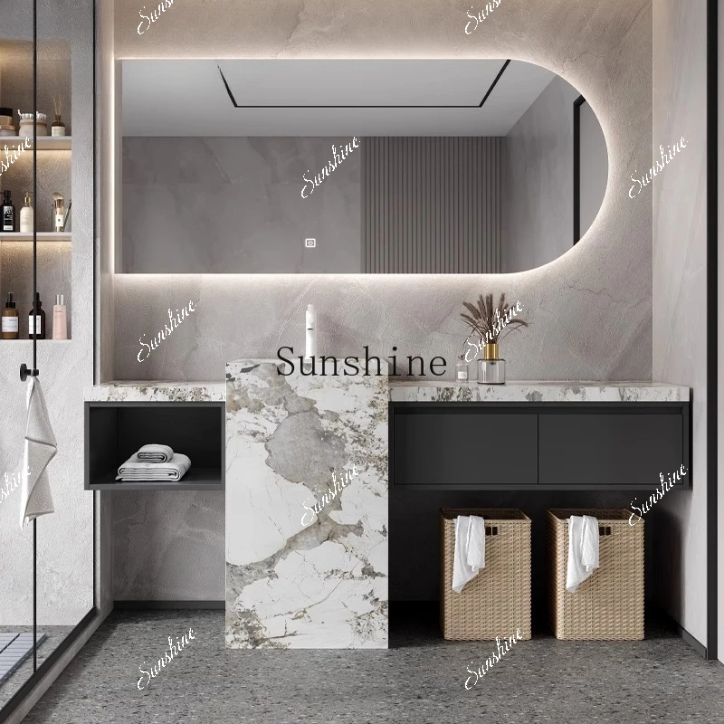 Rock slab column integrated seamless ceramic basin custom bathroom cabinet floor type TF