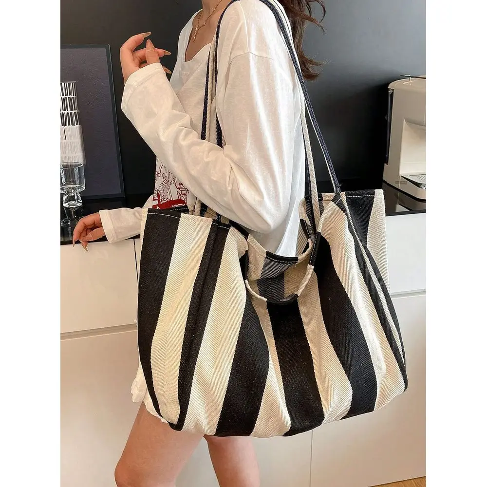 

Chic Striped Canvas Tote Bag, Korean Style Casual Large Capacity Shoulder Bag, Suitable For Women Travel And Vacation