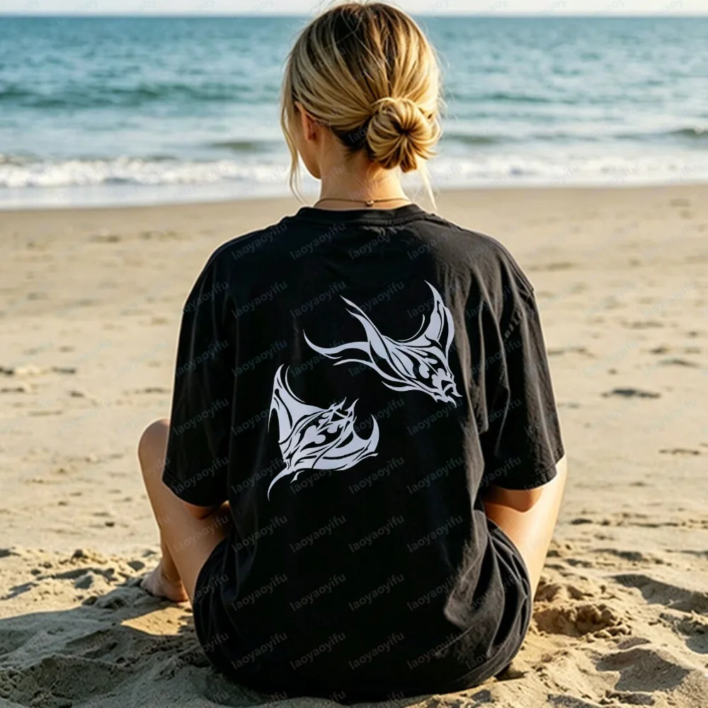 Manta Ray Cotton T-Shirt for Women Men Ocean Animal Graphic Tee Summer Beach Outdoors Casual Tops Gothic Fashion Streetwear