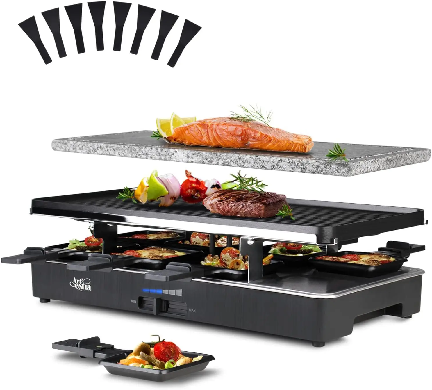 

2-in-1 1700W Adjustable Temperature Raclette Grill with Granite Stone & Non-Stick Cast Aluminum Plates | Includes 8 Mini