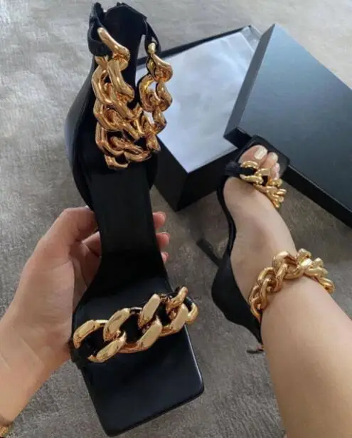 

Summer Black Genuine Leather Gold Chain Square Open Toe One Line Zipper Back Party Shoes Woman Banquet High Heels Shoes Size 34