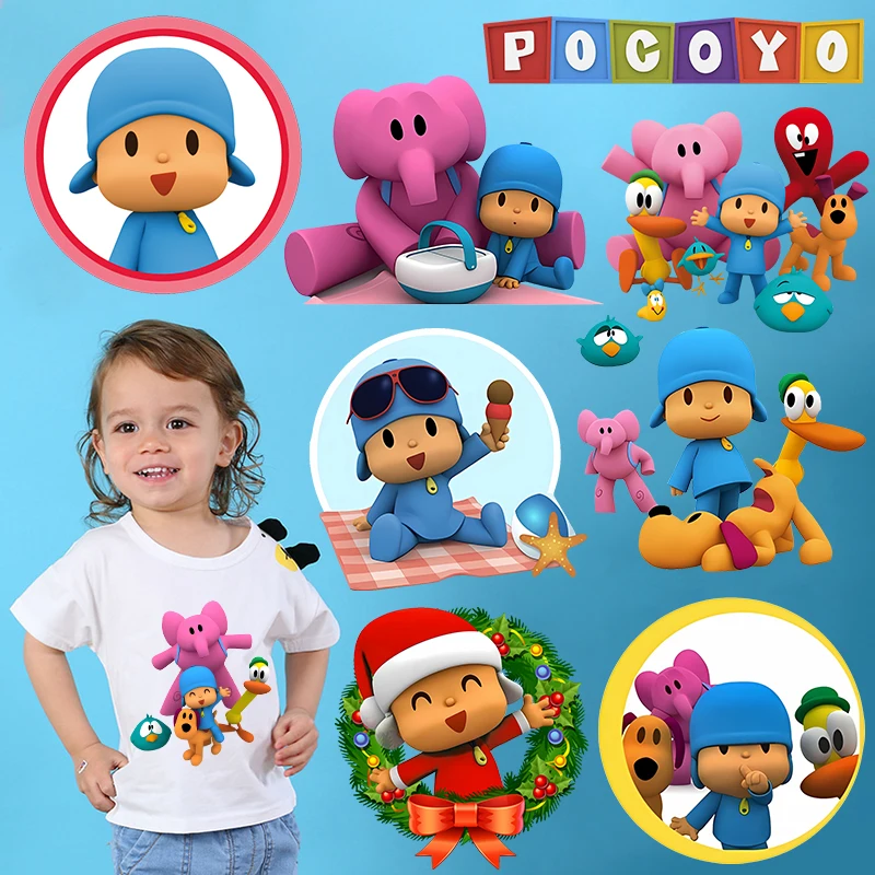 Pocoyos Heat Transfer Sticker Cute Elly Pato Shirt DIY Decoration Applique Cartoon Iron on Patches Funny Birthday Gift