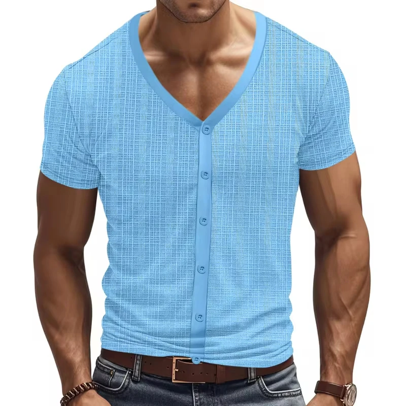 Men's Hemp Joint Men's T-shirt Casual Breathable Button Cardigan Hot-selling Short-sleeved T-shirt Summer