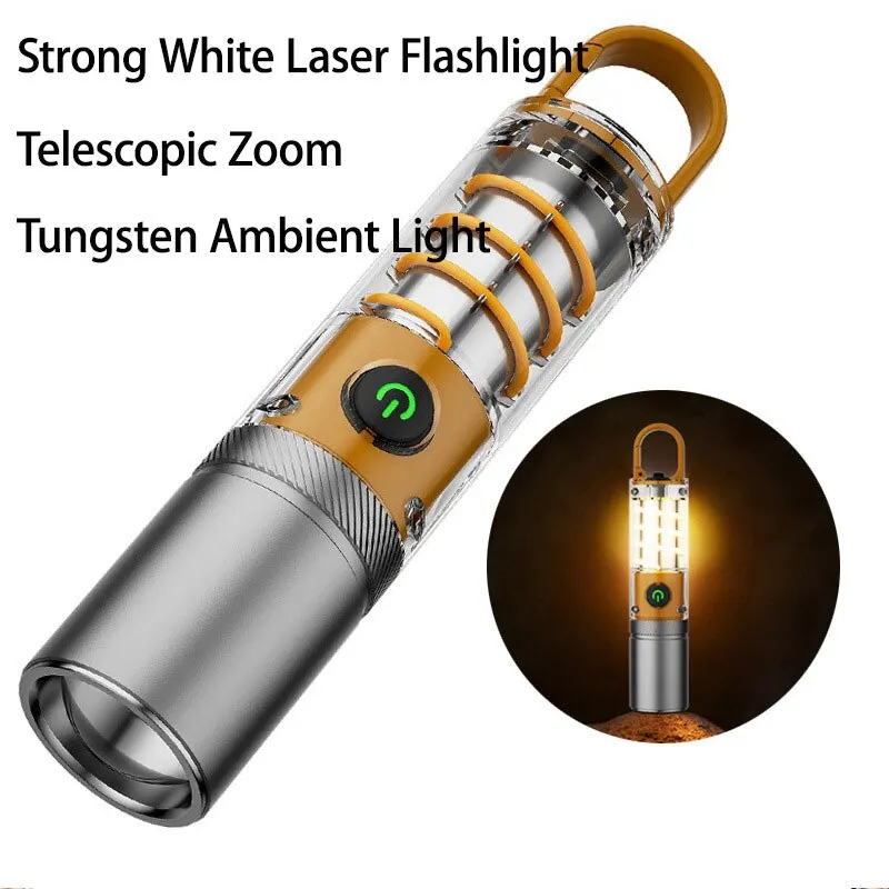 Dual Source Strong LED Tungsten Lamp Telescopic Zoom Flashlight Waterproof Outdoor Camping Work Light Bright Torch With Hook