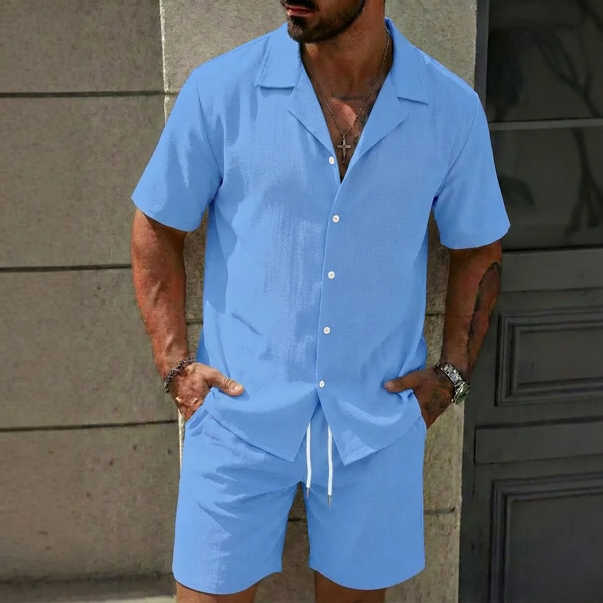 2026 Sommer Herren-Set im europäisch-amerikanischen Stil: Lässiges 2-teiliges Outfit mit Kurzarmhemd und Shorts – Streetwear-Trainingsanzug