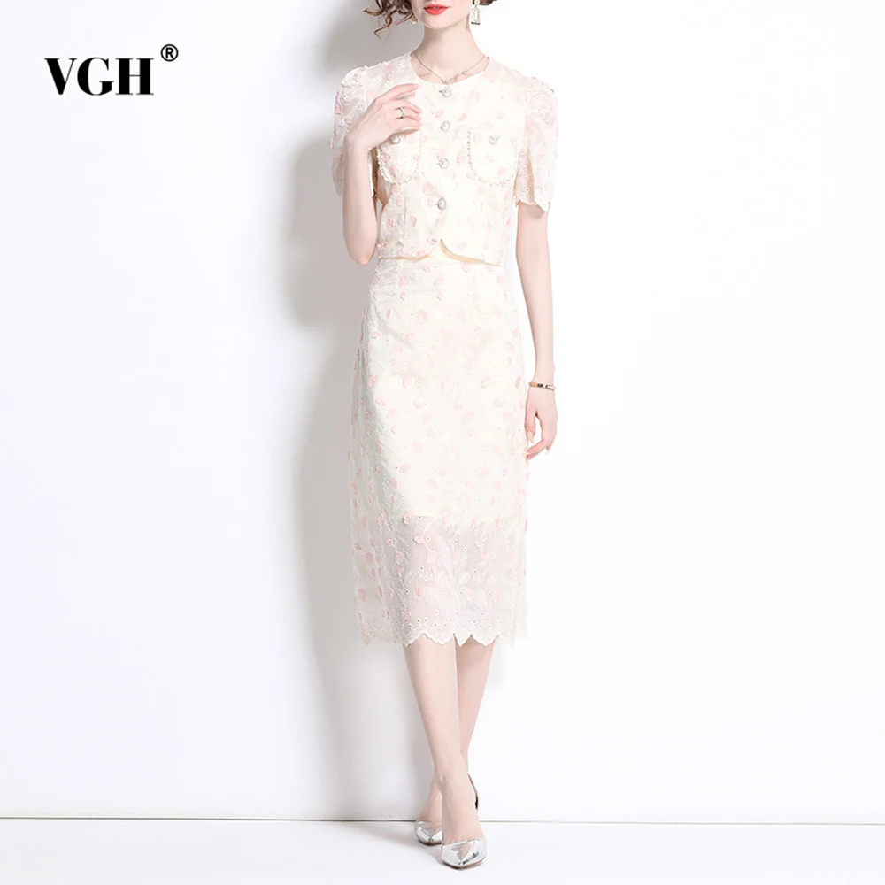 

VGH Elegant Vintage Slim Print Two Piece Sets For Women Round Neck Short Sleeve Top High Waist Skirt Chic Set Female Fashion New