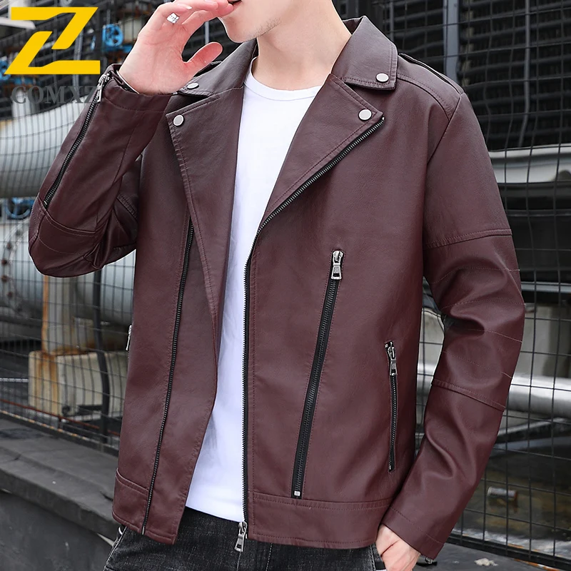 COMXZ رجل بولي Leather سترة جلدية جديدة فاخرة أنيقة دعوى طوق الدراجات معطف جلد العصرية ضئيلة يندبروف ربيع الخريف ملابس خارجية #4