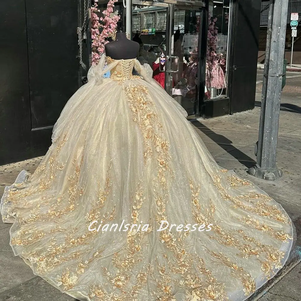 

Gold 3D Flowers Bow Corset Quinceanera Dress Ball Gown Off The Shoulder Appliques Lace Graduation 7th Vestido De XV Anos