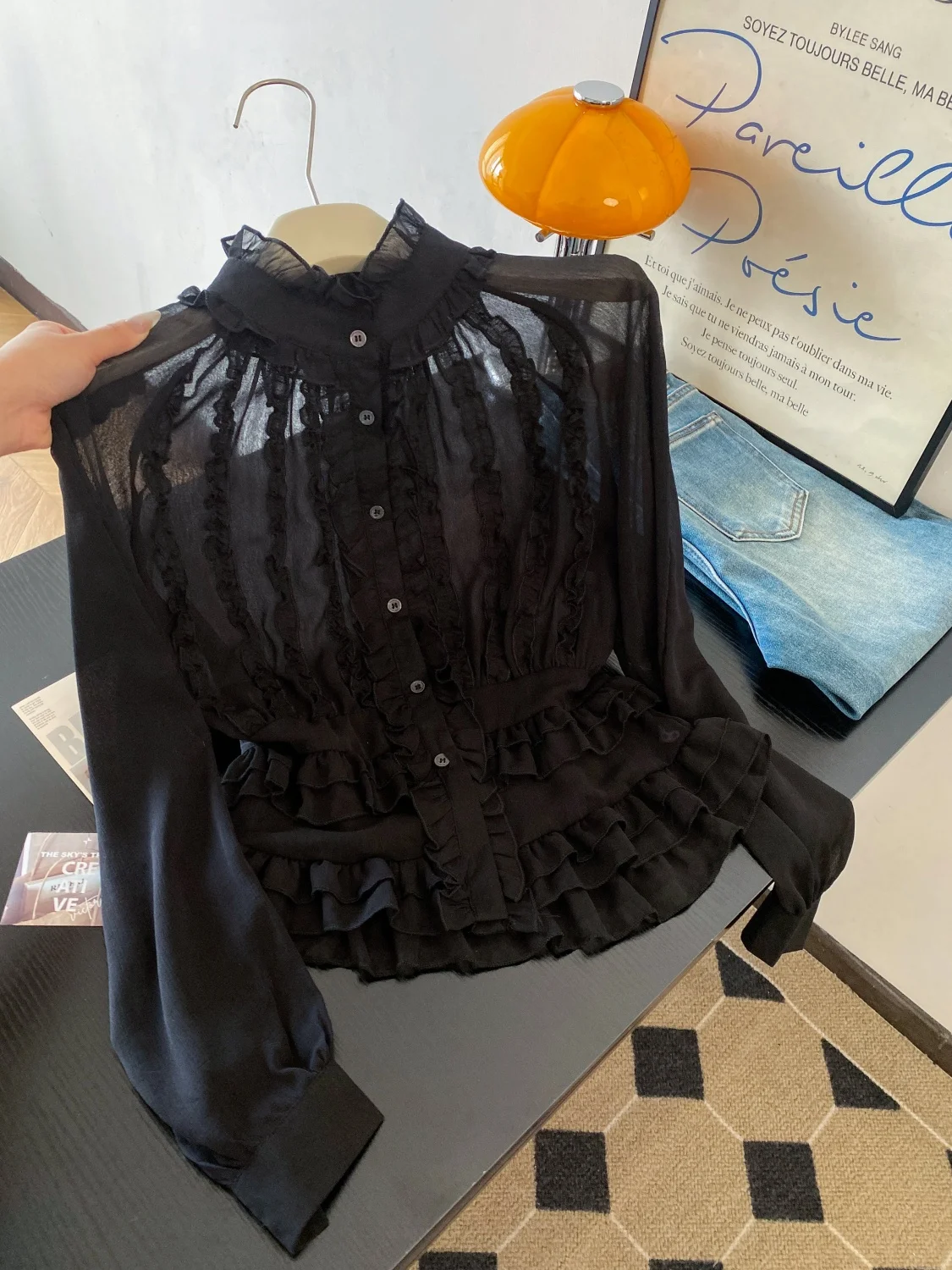 

Spring 2026 Black Lace Collar Long Sleeve Women's Shirt Thin Chiffon Pure Desire Floral Commute Style Korean Loose Fit