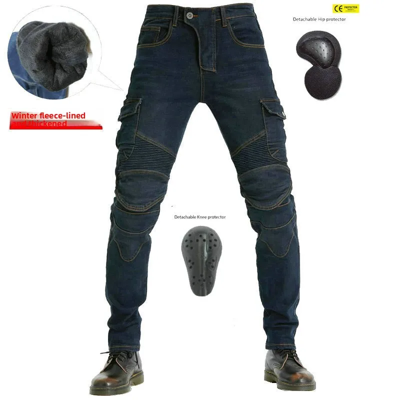 2026 Fashion Men's High-Waisted Winter Motorcycle Riding Pants, Military Green Fleece-Lined Warm Biker Jeans with Protectors