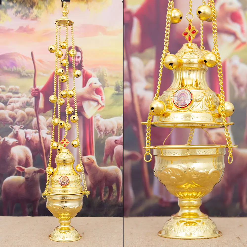 مبخرة ثوربل أرثوذكسية ذهبية عتيقة معلقة مع سلسلة أجراس مبخرة الكنيسة الكبيرة لديكور مذبح الحفل الديني #6