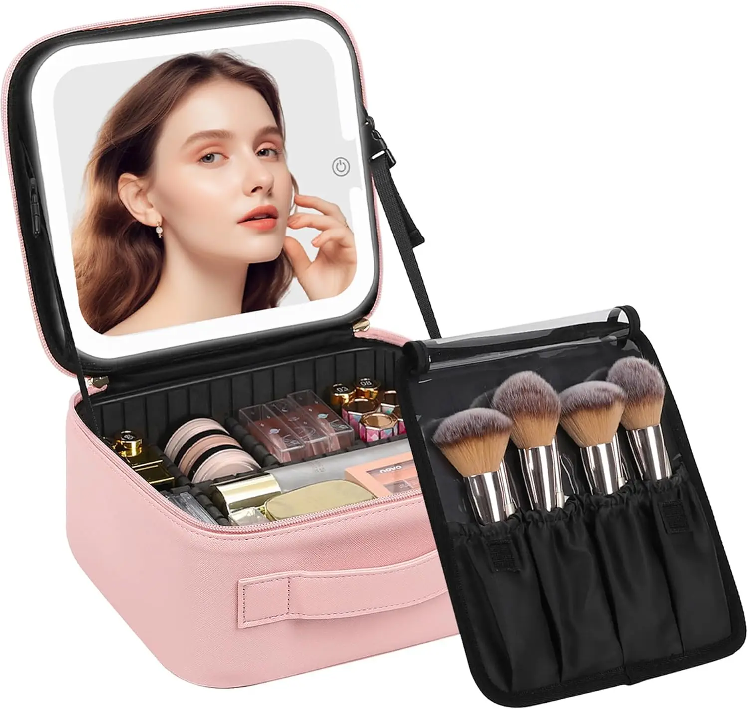 

Косметичка со светодиодной зеркалом и регулируемыми перегородками, косметический органайзер большой емкости для женщин и девочек, розовый
