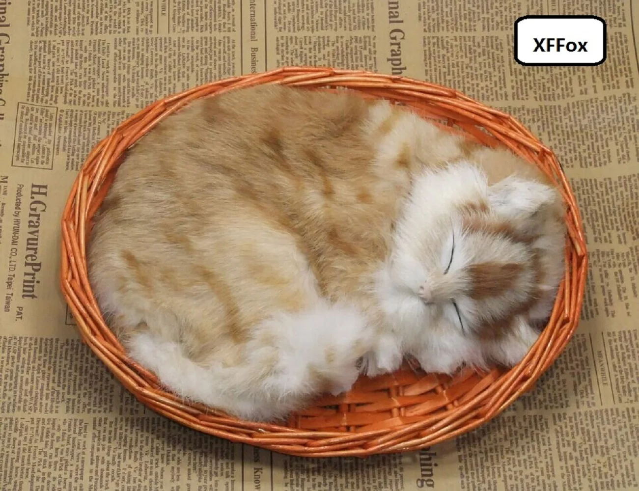 new real life sleeping natural colour cat model in a basket plastic&furs cute yellow stripe cat gift about 25x21cm xf1391