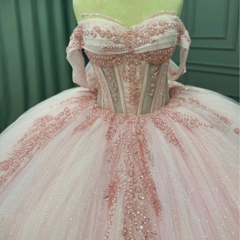 

Shiny Pink Quinceanera Dress off-shoulder Lace layering Sequin decal Long tail vestidos de 15 Quinceanera ﻿Customize