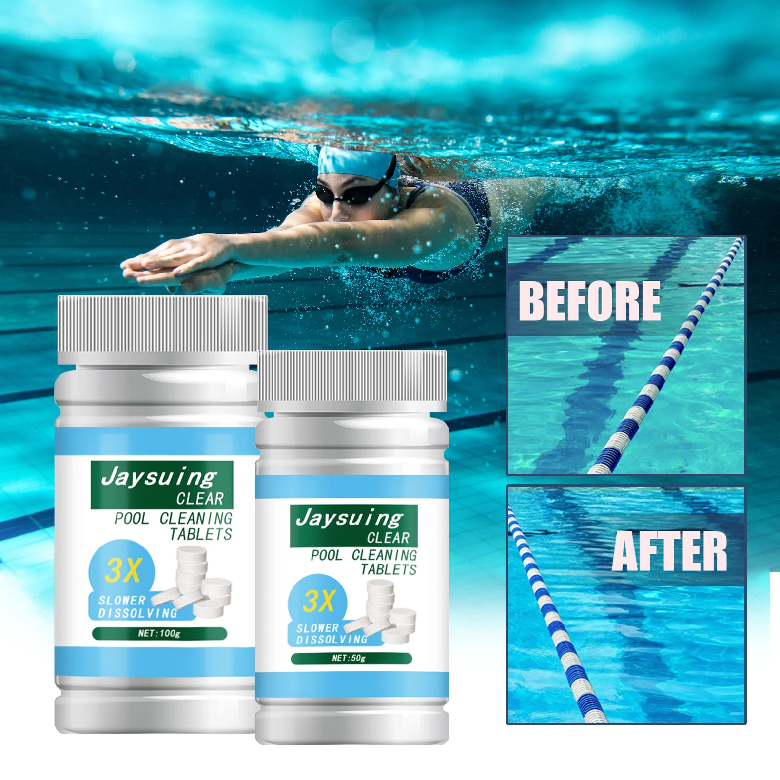 Jaysuing Clear Pool Cleaning Tablets 3X Slow Dissolving Chlorine Pills 50g Disinfect Purify Remove Algae for Spa Swimming Pool H