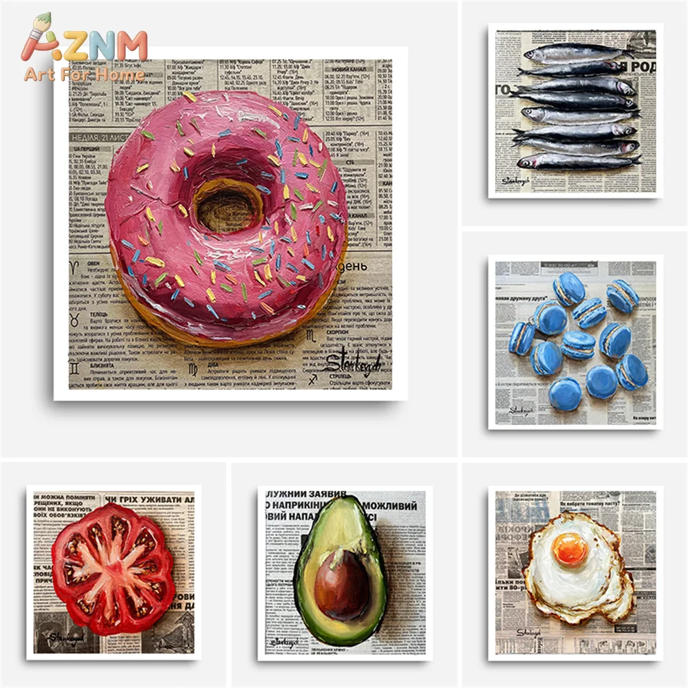 AZNM Unframed Canvas Print Newspaper Food Still Life Oil Painting Wall Art Donut Avocado Kitchen Home Decor Poster