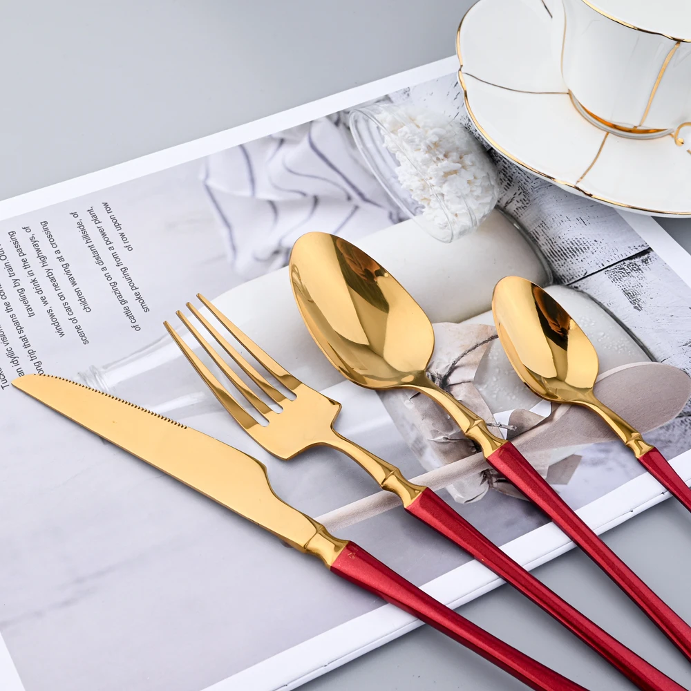 Dinnerware Red Gold Stainless Steel Cutlery Set Tableware Home Dinner Silverware Knife Dinner Fork Ice Spoon Hotel Flatware Set