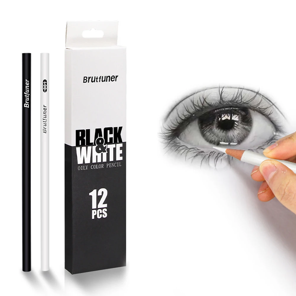 12pcs Black White Color Oil Based Pencil Drawing Sketching Artist Pencils Art Learning Painting School Stationery Supplies