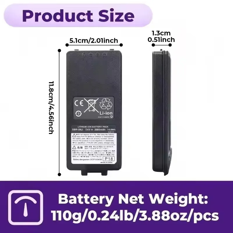 SBR-39LI 7.4V 2000mAh 14.8Wh Replacement Li-ion Battery for Yaesu FTA-450 FTA-550 FTA-550L FTA-750 FTA-850L AOR Handheld Radio