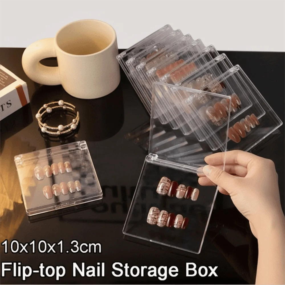 1pcs Transparent Acrylic Flip-top Nail Storage Boxes with Adhesive Sheets Dust-proof Nail Packaging Case Square Nail Boxes