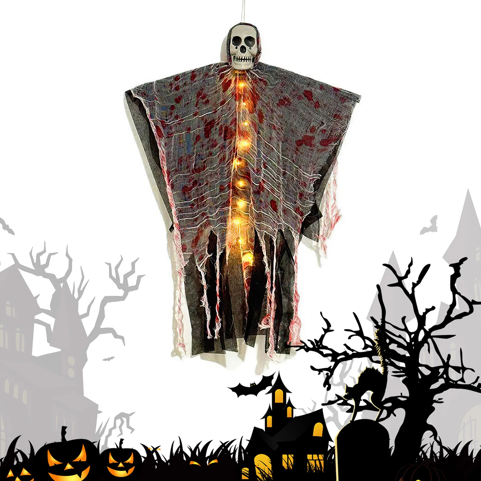 

Luminous Skull Pendant Terrifying Bloodstained Gauze Skull Pendant For Wall Window Tree Branch 2025 Halloween Party Decorations