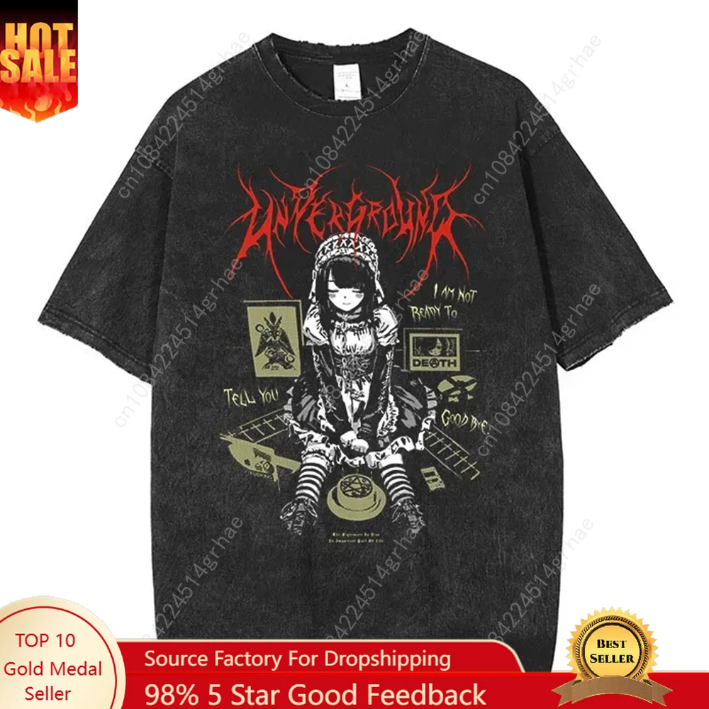 

Anime Men's T Shirts Gothic Printed T-Shirt Hip Hop Streetwear Punk Summer Vintage Washed Oversized Tops Men Clothing