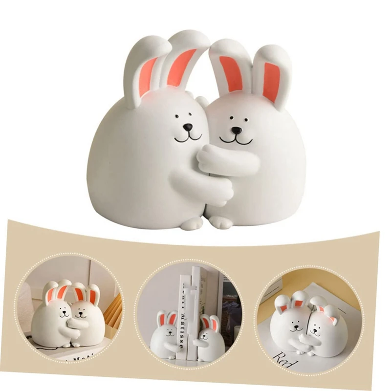 1Set Hug Rabbit Bookend Rabbit Book Stand Crafted Book Ends Bookends Holders Animal White Resin