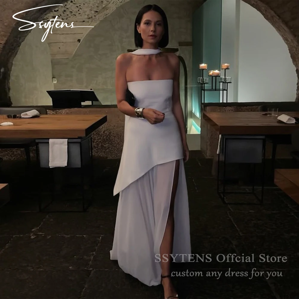 

SSYTENS Customized Simple Wedding Dress White Beach Bride Dresses Strapless High Slit Satin Backless Civil Bridal Gowns Vestidos