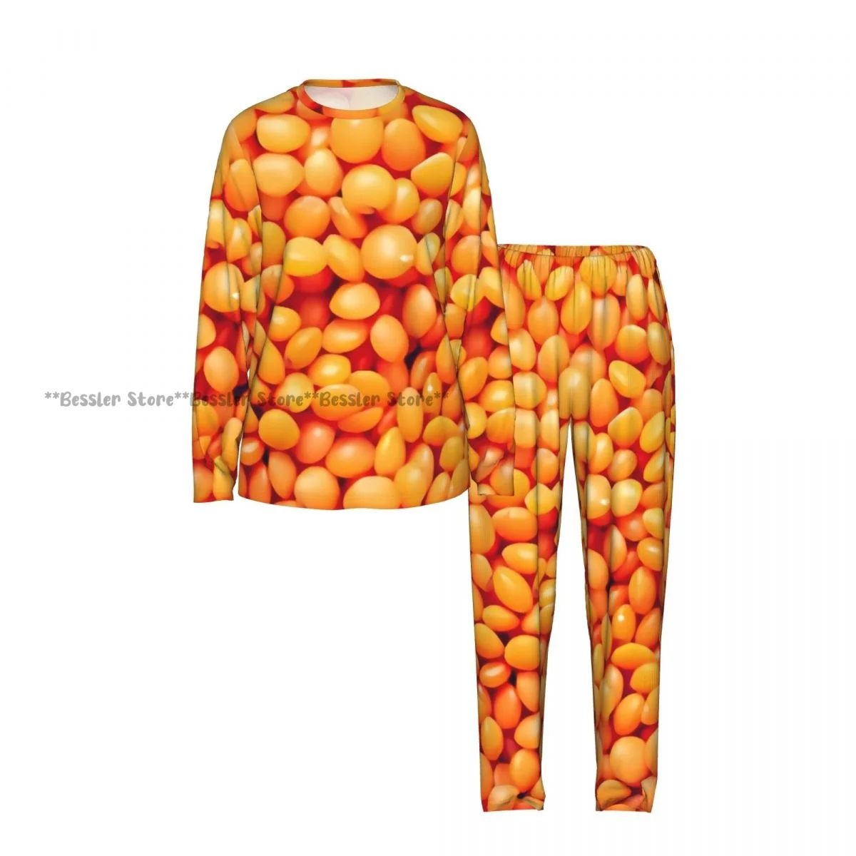 Ladies Soft Pajamas Set Lentil Abstract Food Texture Round Neck Long Sleeve Long Pants Casual Loose Homewear