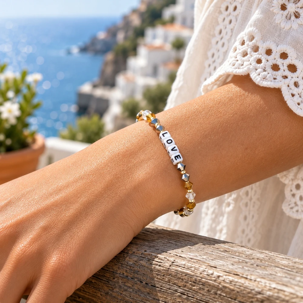 1pc LOVE Letter Beaded Strand Bracelet with Alternating Gold and Silver Faceted Beads for Women Trendy Minimalist Style