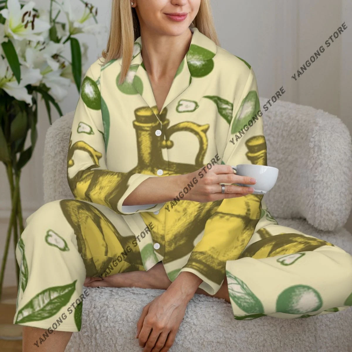

Spring and Autumn Pajama Set Women's Long Sleeve Pants Two Piece Olive Oil Bottles Background Home Furnishing Set