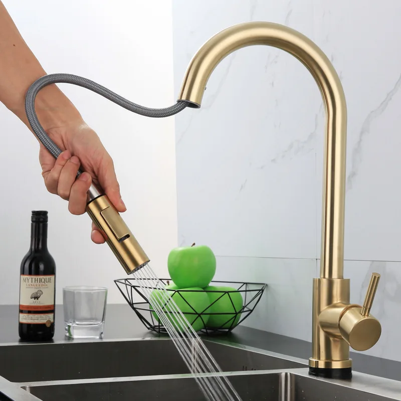 

304 stainless steel kitchen pull-out faucet with sensing cold and hot expansion, brushed gold and black touch faucet