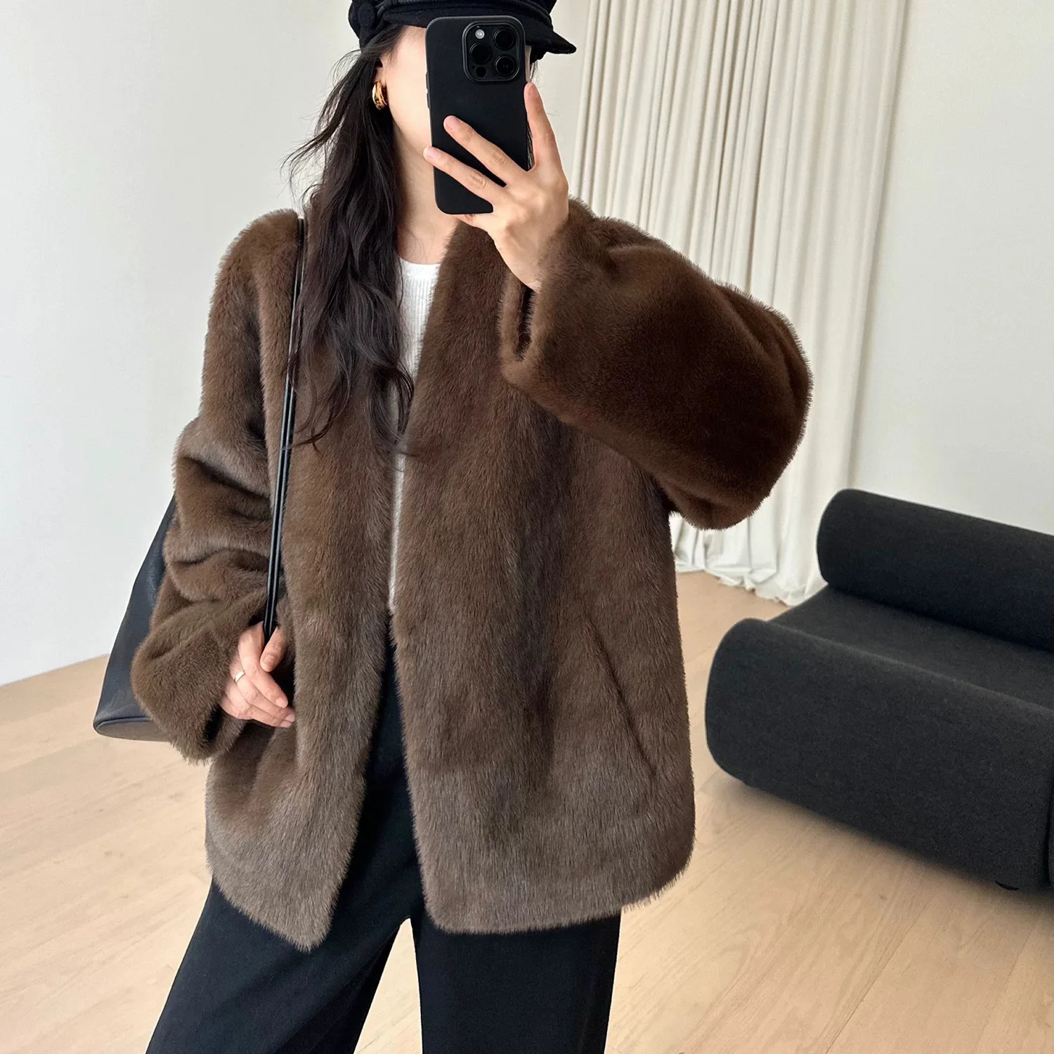 Autumn and Winter New V-Neck Faux Mink Fur Composite Fur One-Piece Fur Coat for Women Medium and Long Styles