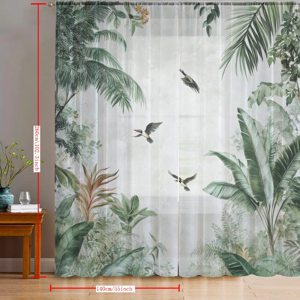 2PCS Tropical forest printed window screens with pole bags, suitable for kitchens, cafes, and living rooms